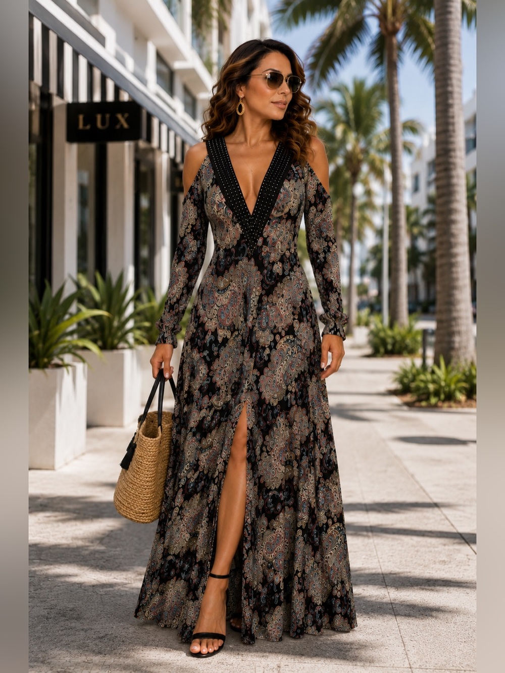 YA YA VOOM Paisley Embellished Deep V Open Back Stretch Maxi Dress
